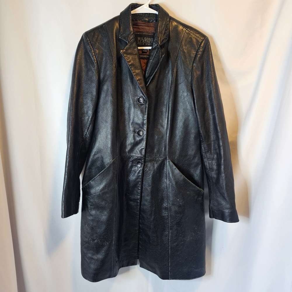 Wilsons Leather Trench Coat Womens M Black 90s Grunge Matrix Pelle Studio DESC